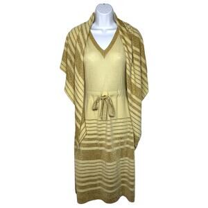 VTG Crissa Shawl V-Neck Midi Dress Set Wool Metallic Gold Italy XS/S Old Money